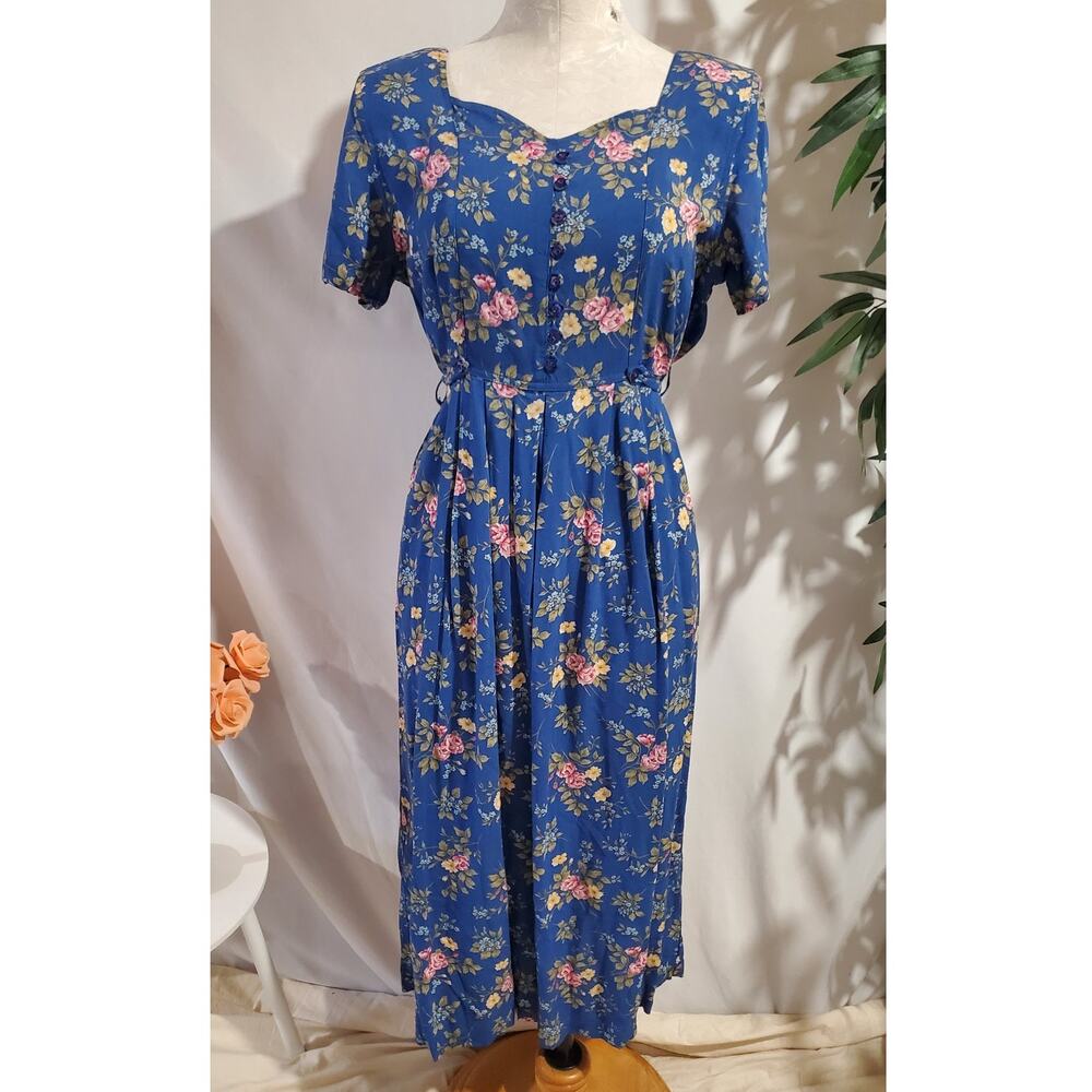 Vtg Erika & Co Floral Flower Button Tie Back Maxi Dress Size M Cottage Prairie